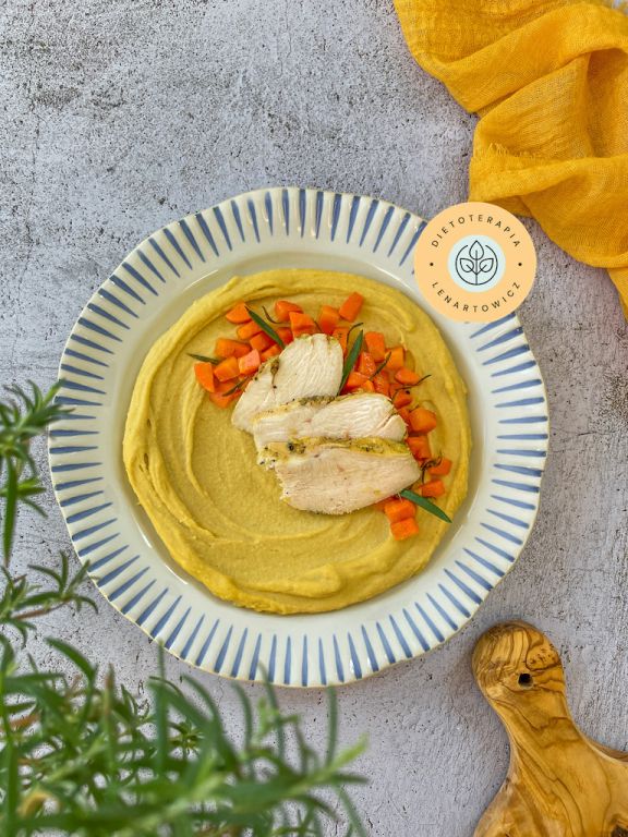 Hummus z Lidla, marchewka mrożona z Hortexu, wędlina z kurczaka, oliwa i dodatki. Ciepła zdrowa kolacja dla całej rodziny.